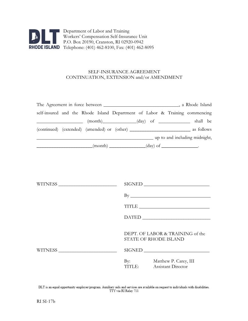 Self Insurance Agreement Continuation {RI SI-17b} | Pdf Fpdf Docx | Rhode Island