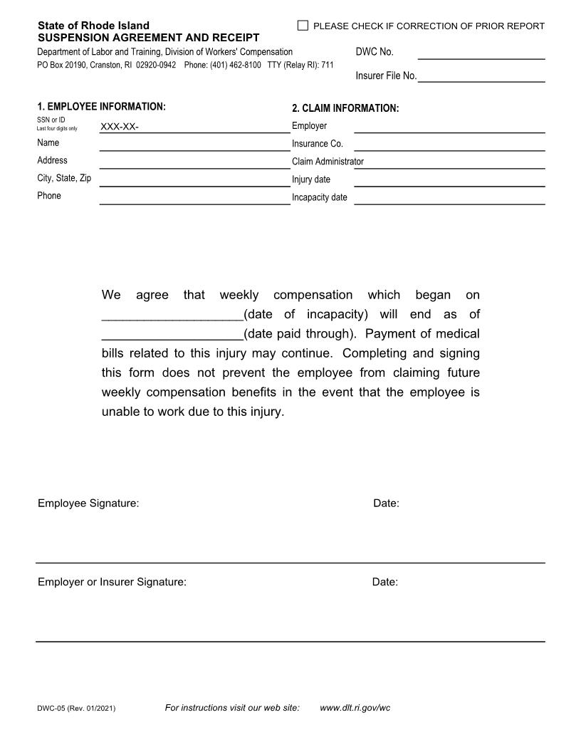 Suspension Agreement And Receipt {DWC-05} | Pdf Fpdf Doc Docx | Rhode Island