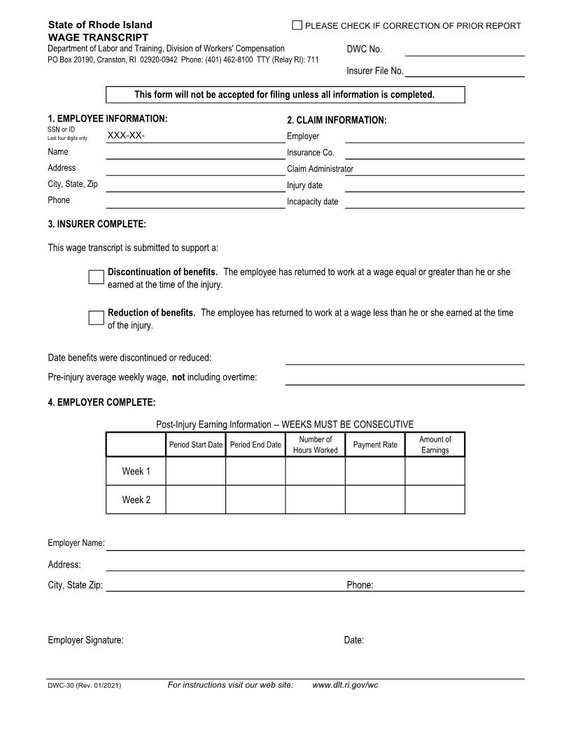 Wage Transcript {DWC-30} | Pdf Fpdf Doc Docx | Rhode Island
