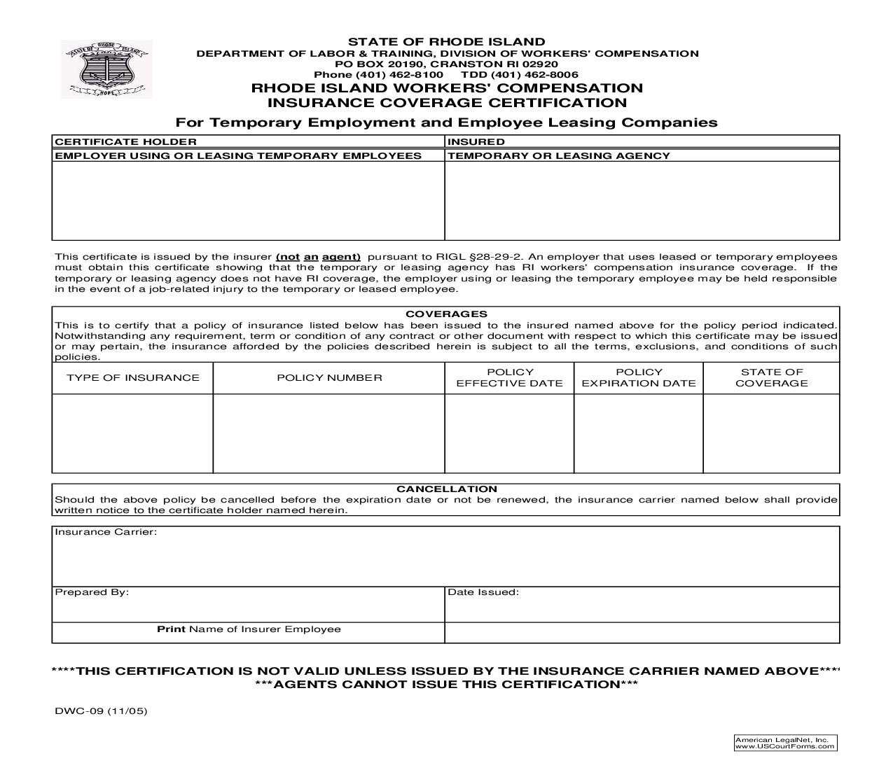 Insurance Coverage Certification For Temporary Employment And Employee Leasing Companies {DWC-09} | Pdf Fpdf Doc Docx | Rhode Island