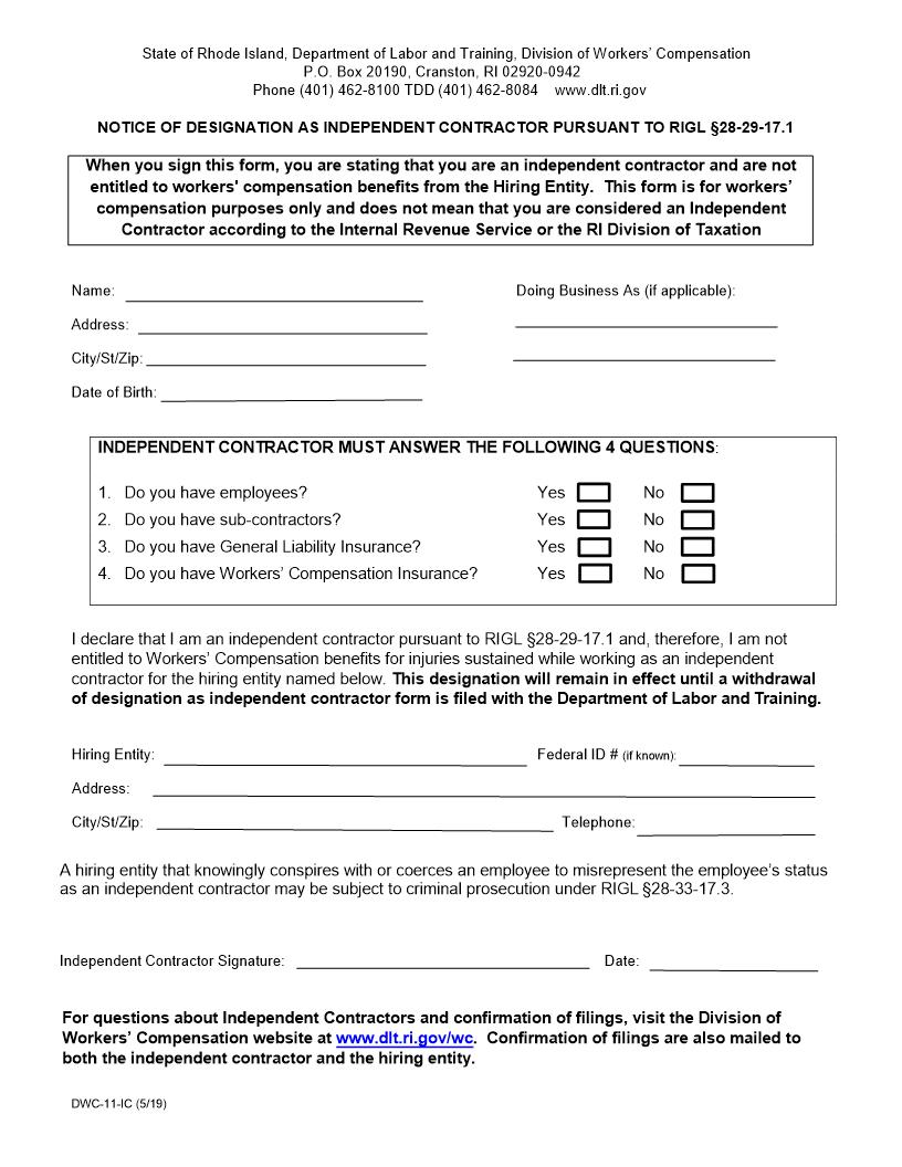 Notice Of Designation Of Independent Contractor {DWC-11-IC} | Pdf Fpdf Doc Docx | Rhode Island