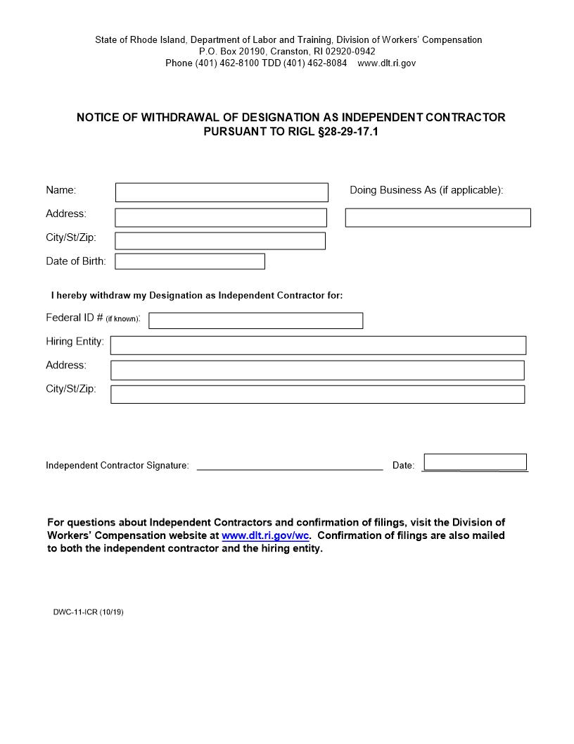 Notice Of Withdrawal Of Designation As Independent Contractor {DWC-11-ICR} | Pdf Fpdf Doc Docx | Rhode Island