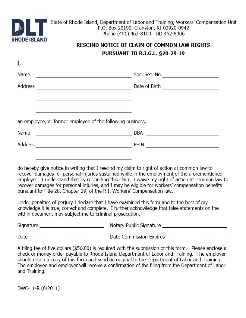 Rescind Notice Of Claim Of Common Law Rights {DWC-11R} | Pdf Fpdf Doc Docx | Rhode Island