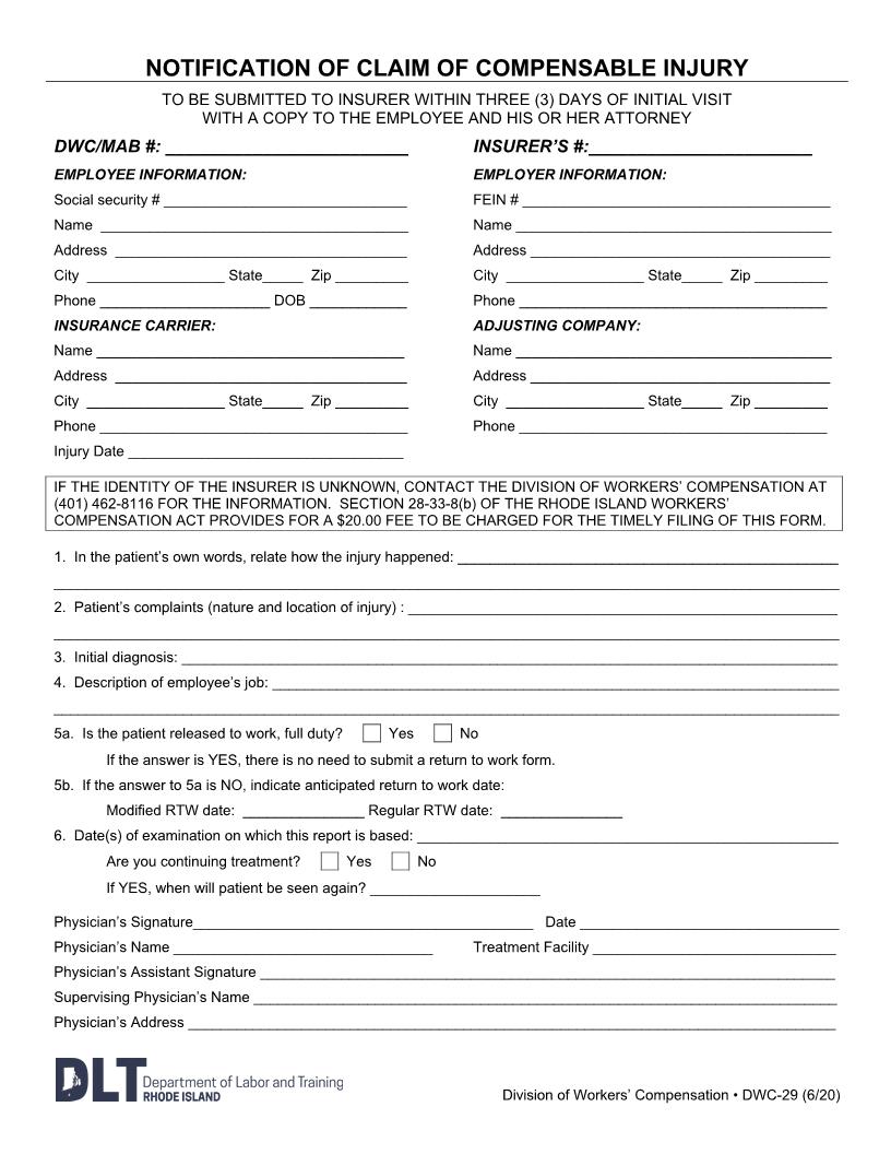 Notification Of Claim Of Compensable Injury {DWC-29} | Pdf Fpdf Doc Docx | Rhode Island