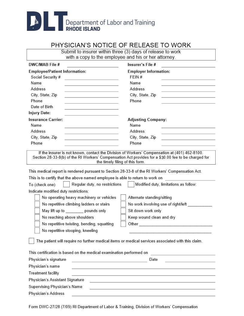 Physicians Notice Of Release To Work {DWC-27-28} | Pdf Fpdf Doc Docx | Rhode Island