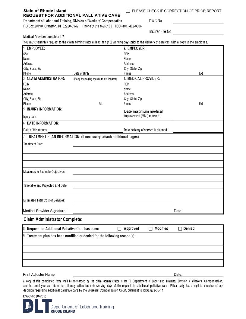 Request For Additional Palliative Care {DWC-40} | Pdf Fpdf Doc Docx | Rhode Island