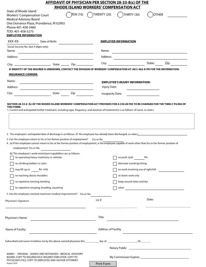 Affidavit Of Physician | Pdf Fpdf Docx | Rhode Island