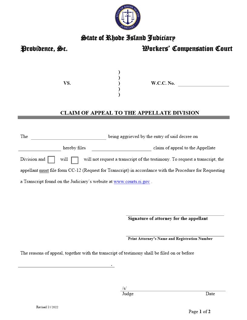 Claim Of Appeal To The Appellate Division | Pdf Fpdf Doc Docx | Rhode Island