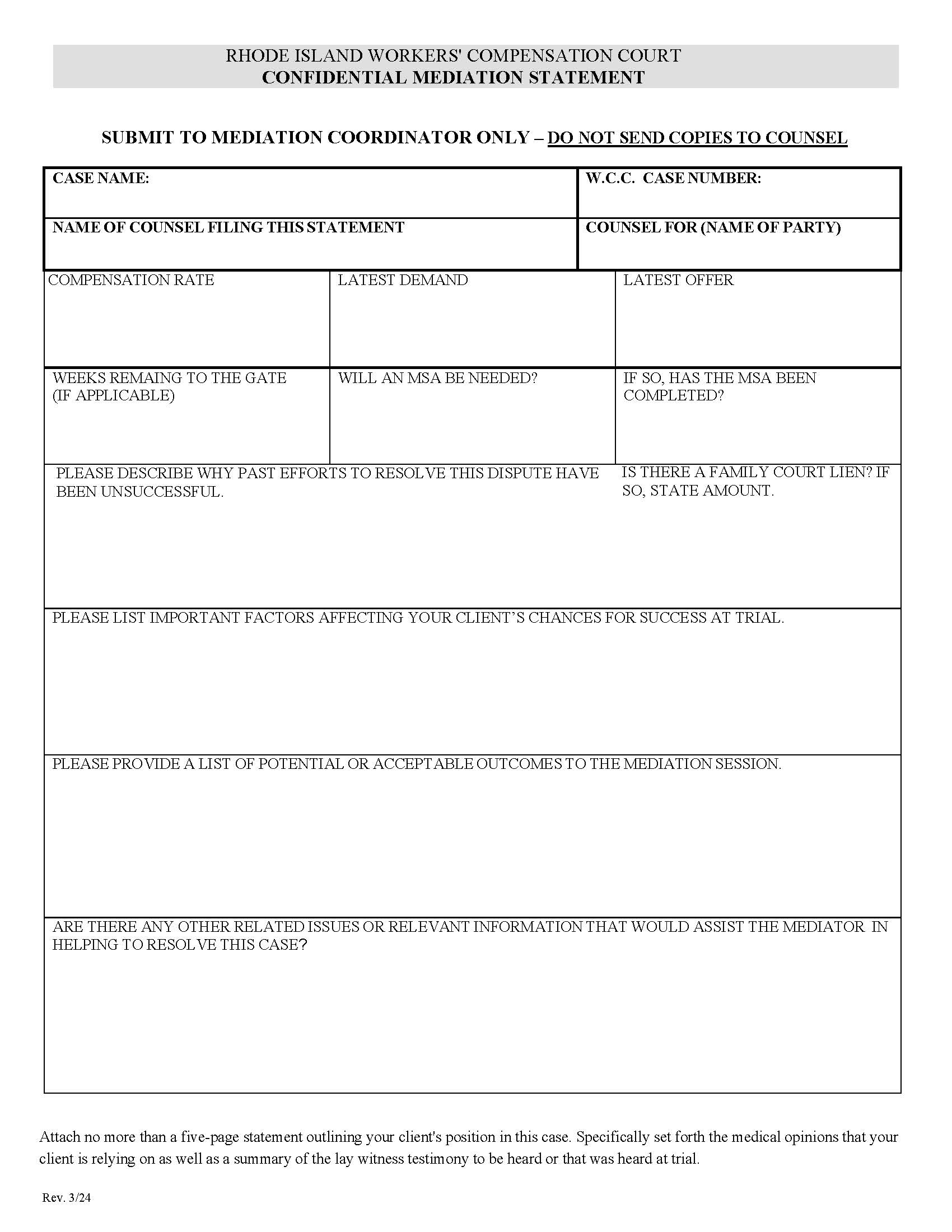 Confidential Mediation Statement | Pdf Fpdf Docx | Rhode Island