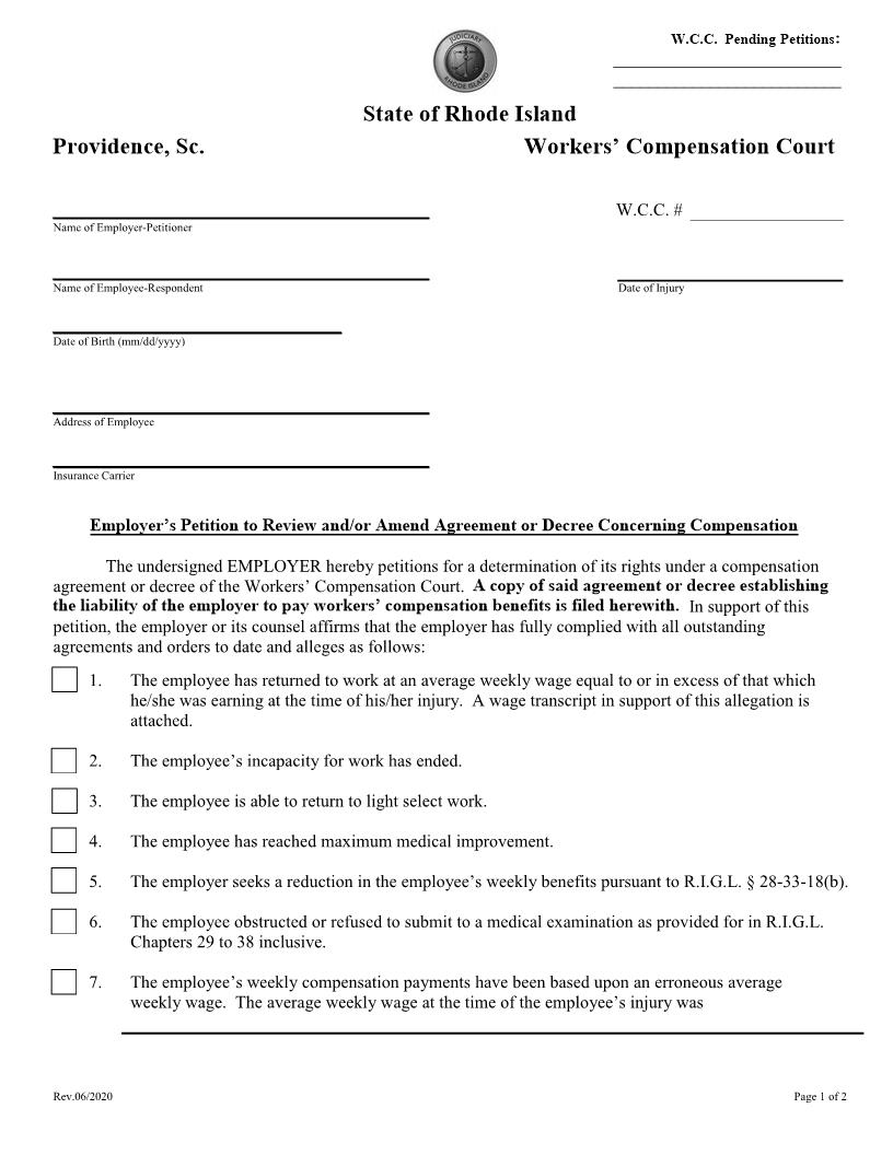Employer's Petition to Review And Or  Amend Agreement | Pdf Fpdf Docx | Rhode Island