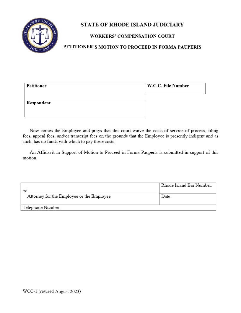 Motion Affidavit And Order To Proceed In Forma Pauperis{WCC-1} | Pdf Fpdf Docx | Rhode Island