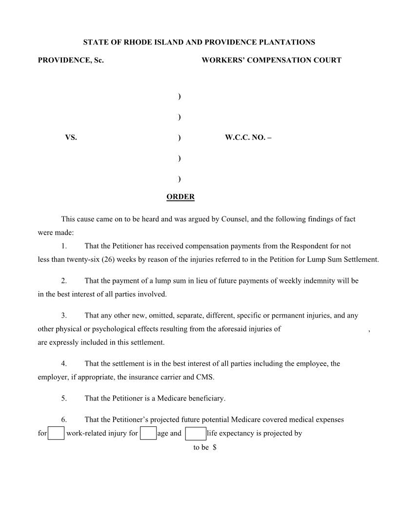 Order For Settlement For Lump Sum with Medicare Set Aside | Pdf Fpdf Docx | Rhode Island
