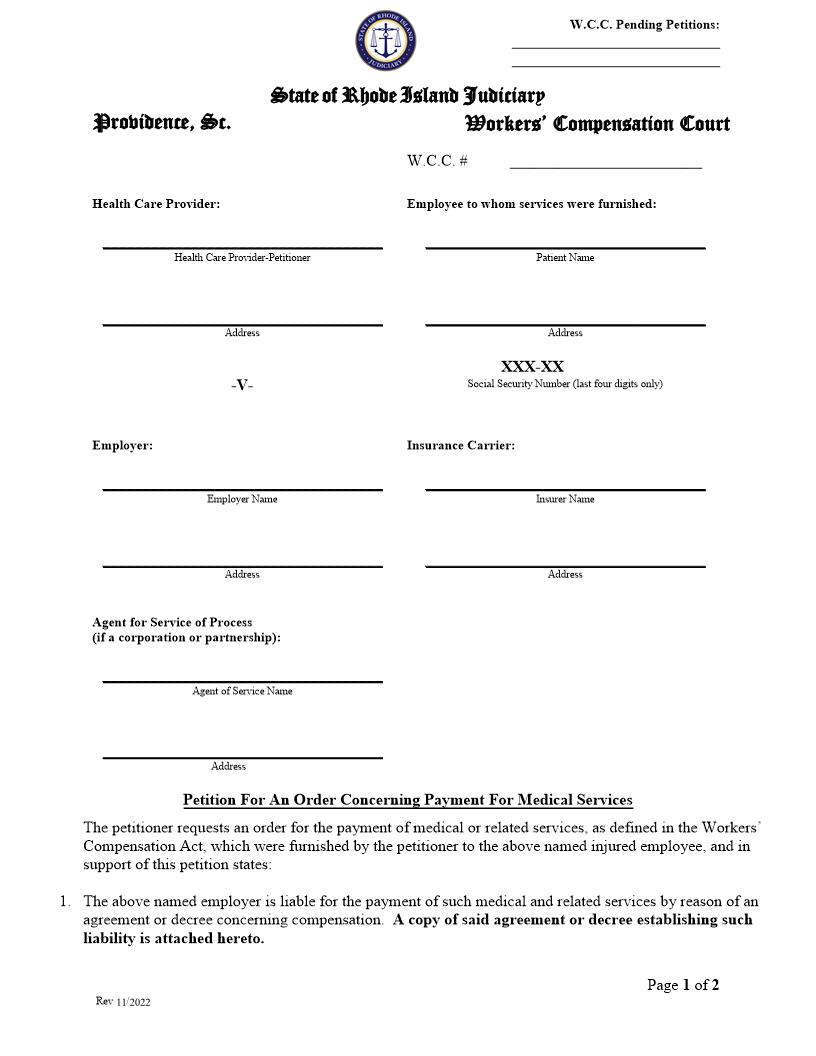 Petition For An Order Concerning Payment For Medical Services | Pdf Fpdf Doc Docx | Rhode Island