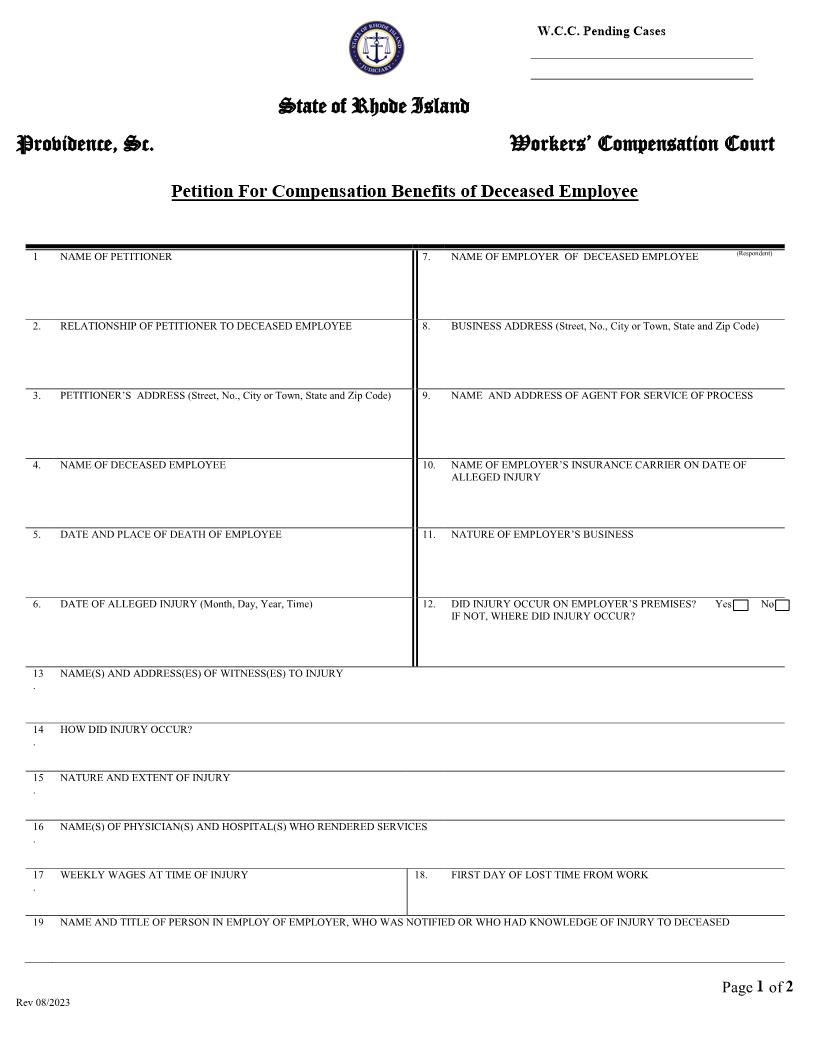 Petition For Compensation Benefits Of Deceased Employee | Pdf Fpdf Doc Docx | Rhode Island