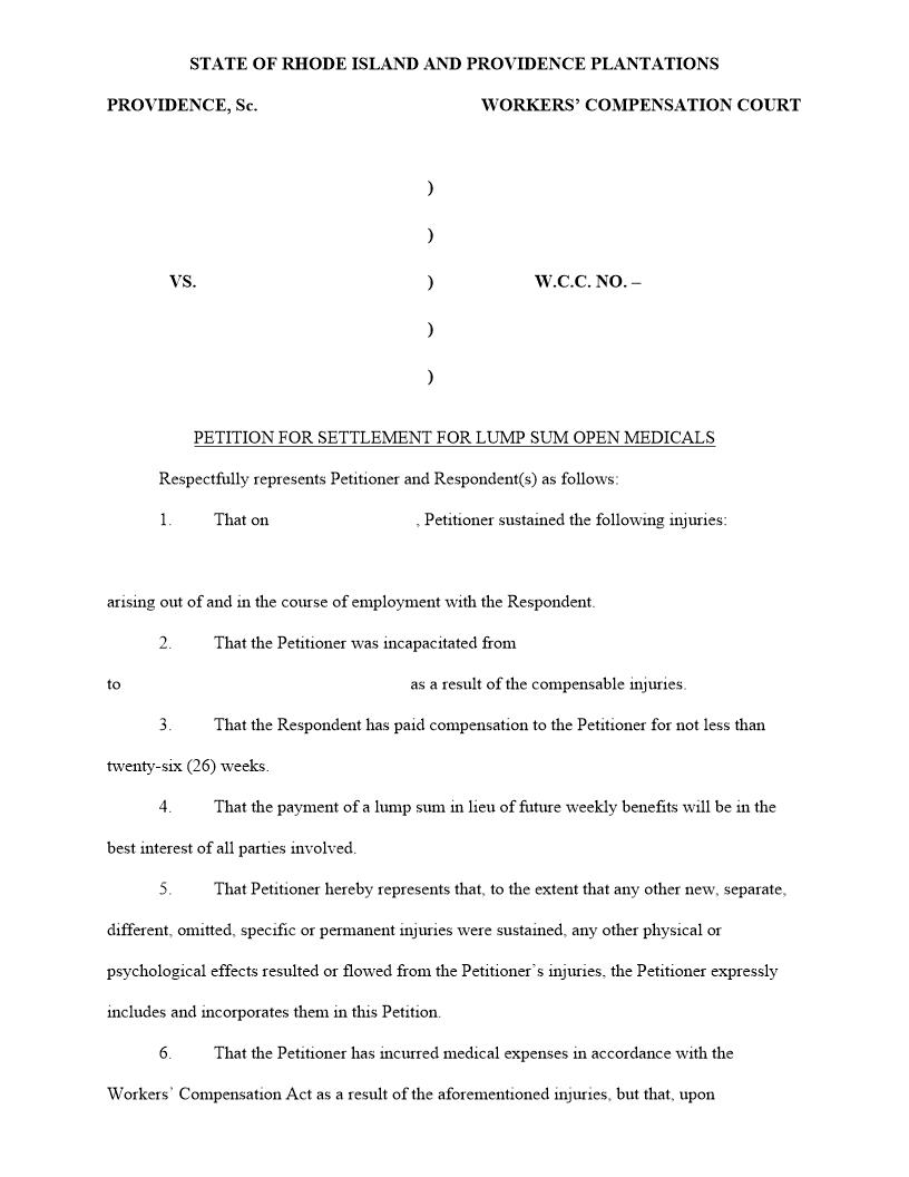 Petition For Settlement For Lump Sum Open Medicals | Pdf Fpdf Docx | Rhode Island