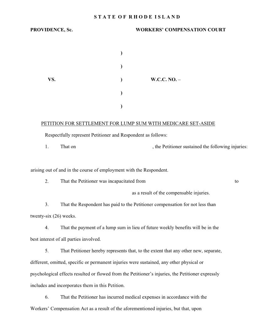 Petition For Settlement For Lump Sum With Medicare Set Aside | Pdf Fpdf Docx | Rhode Island