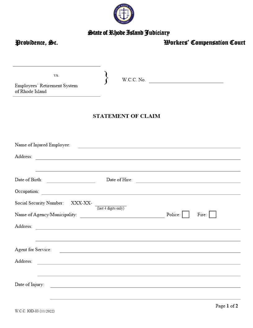 Statement Of Claim (Retirement Board Appeal) {WCC IOD-03} | Pdf Fpdf Doc Docx | Rhode Island