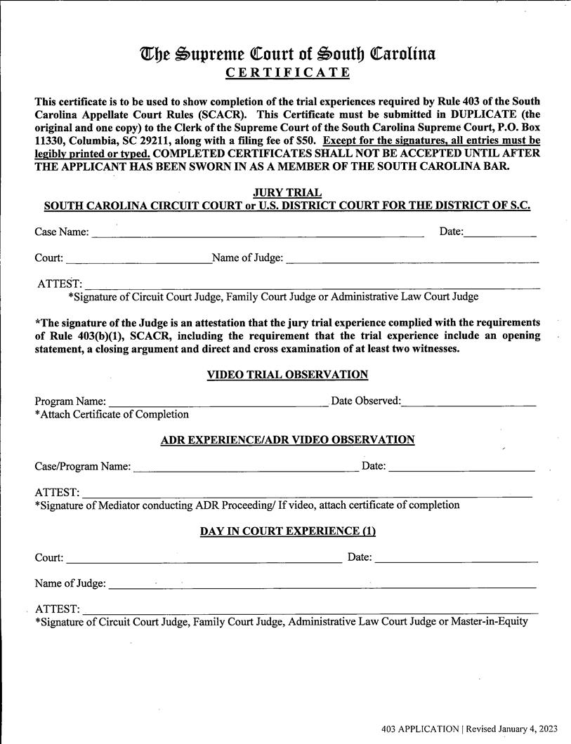 Certificate-Rule 403 {SCACRIV403} | Pdf Fpdf Doc Docx | South Carolina