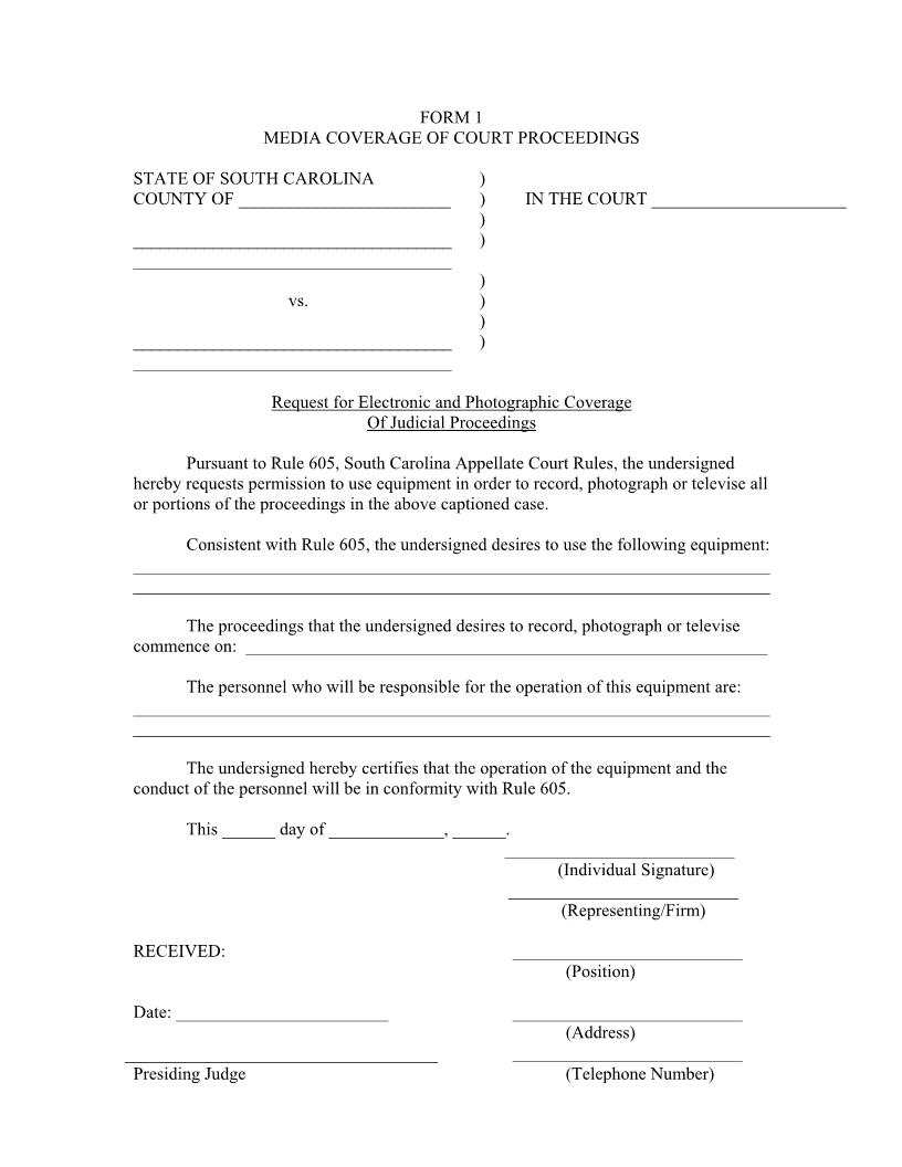 Form 1-Media Coverage Of Court Proceedings (Request For Electronic And Photographic) {SCACRVIFORM05} | Pdf Fpdf Docx | South Carolina