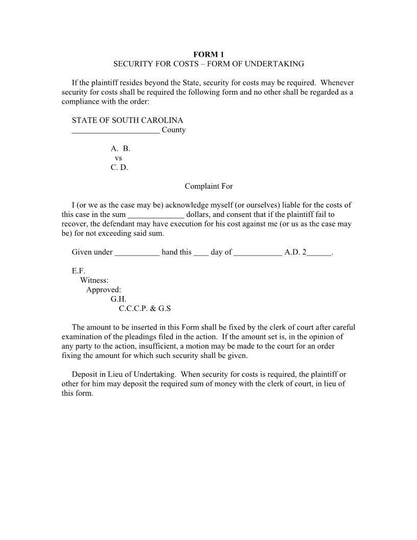 Security For Costs-Form Of Undertaking {SCRCPFORM01} | Pdf Fpdf Docx | South Carolina