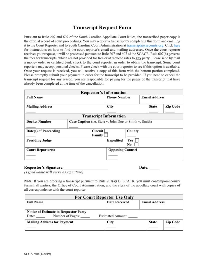 Transcript Request Form {SCCA 800} | Pdf Fpdf Docx | South Carolina