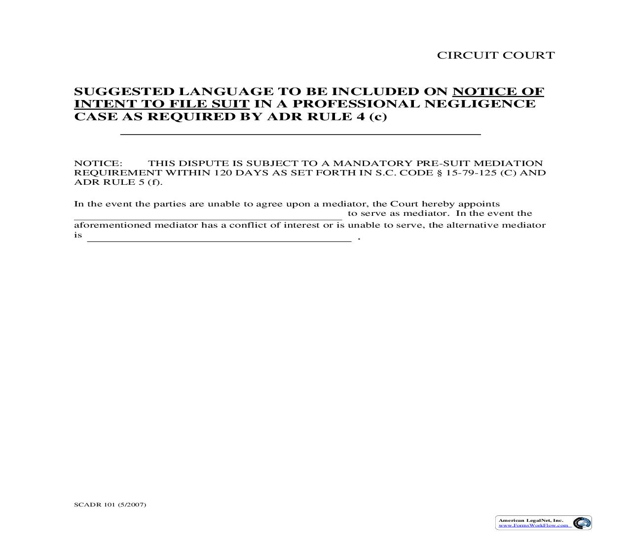 Notice Of Intent To File Suit Suggested Language {SCADR101} | Pdf Fpdf Doc Docx | South Carolina