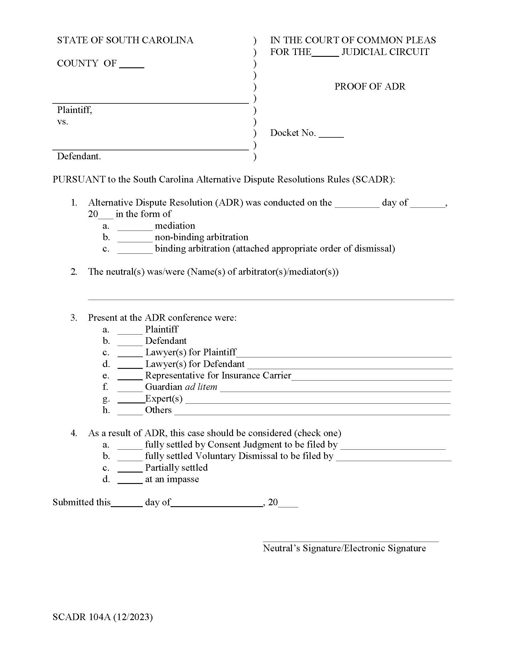 Proof Of ADR {SCADR104A} | Pdf Fpdf Doc Docx | South Carolina