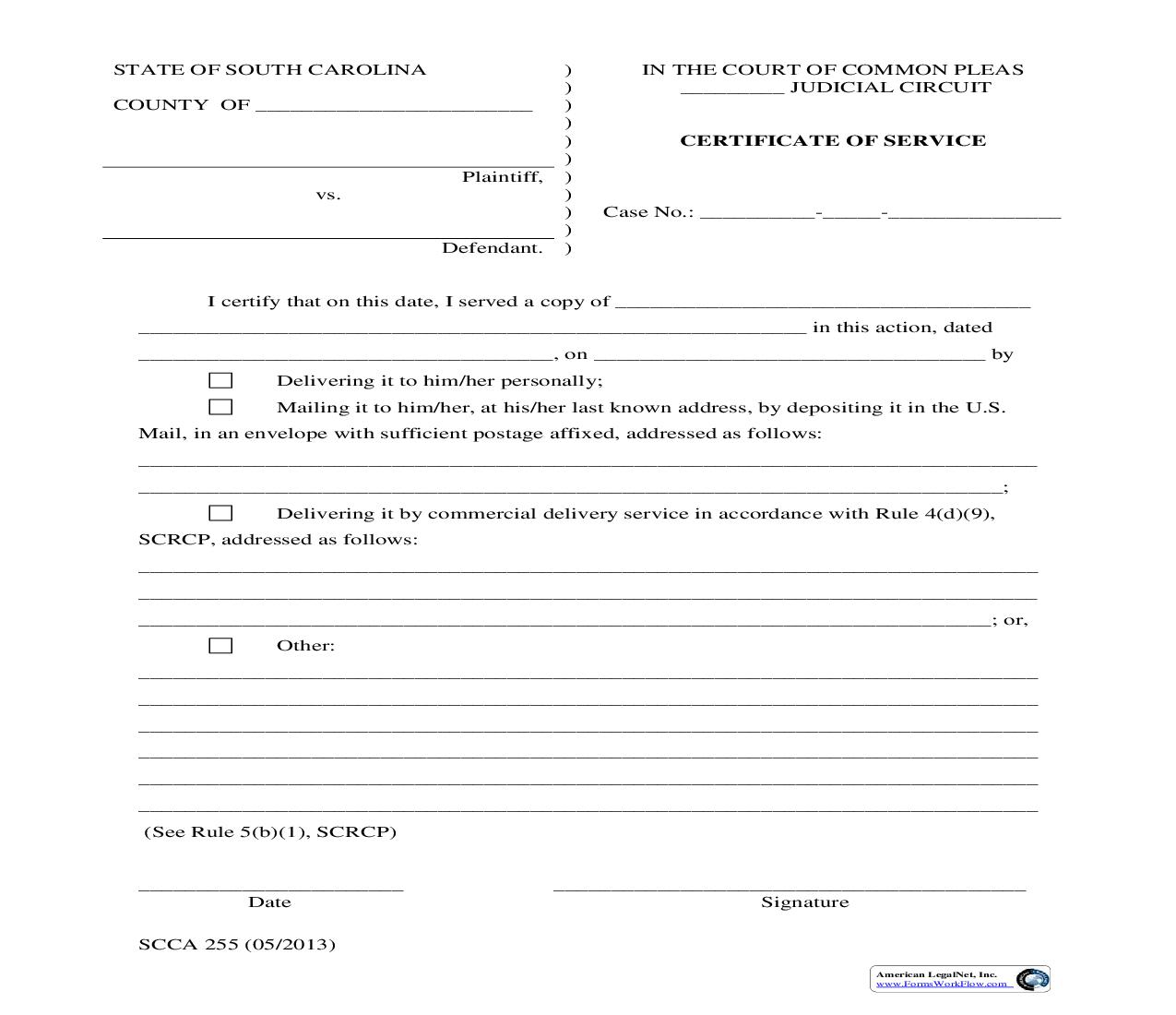Certificate Of Service {SCCA-255} | Pdf Fpdf Doc Docx | South Carolina