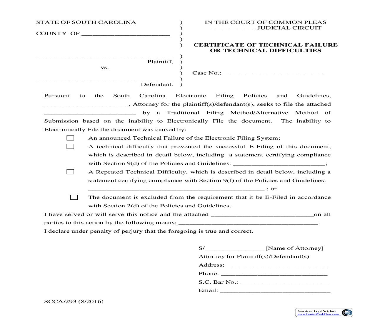 Certificate Of Technical Failure Or Technical Difficulties {SCCA-293} | Pdf Fpdf Doc Docx | South Carolina