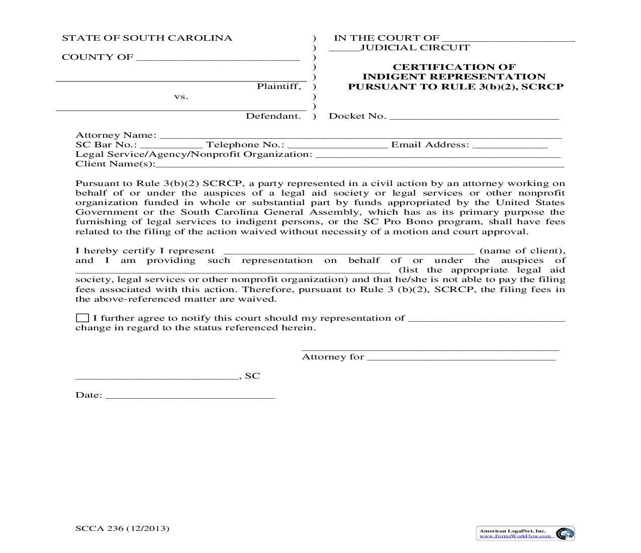 Certification Of Indigent Representation {SCCA-236} | Pdf Fpdf Doc Docx | South Carolina
