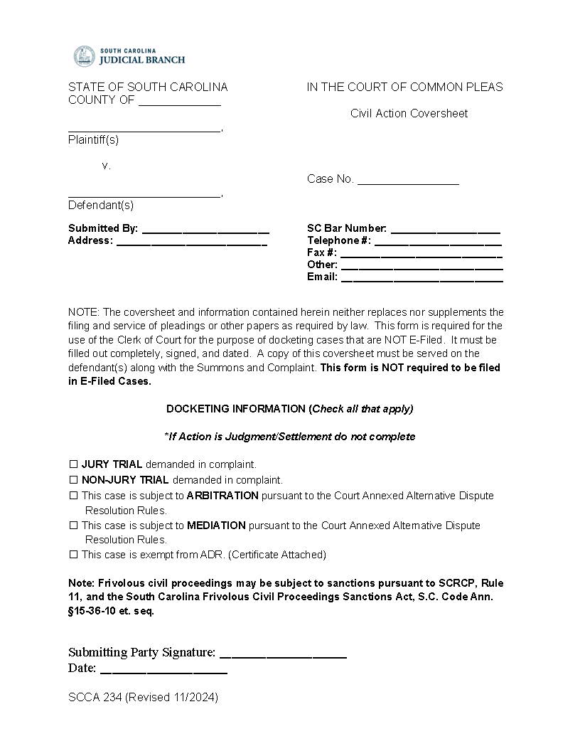 Civil Action Coversheet {SCCA-234} | Pdf Fpdf Docx | South Carolina