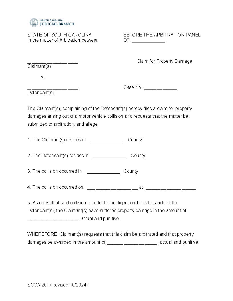 Claim For Property Damage  {SCCA-201} | Pdf Fpdf Doc Docx | South Carolina