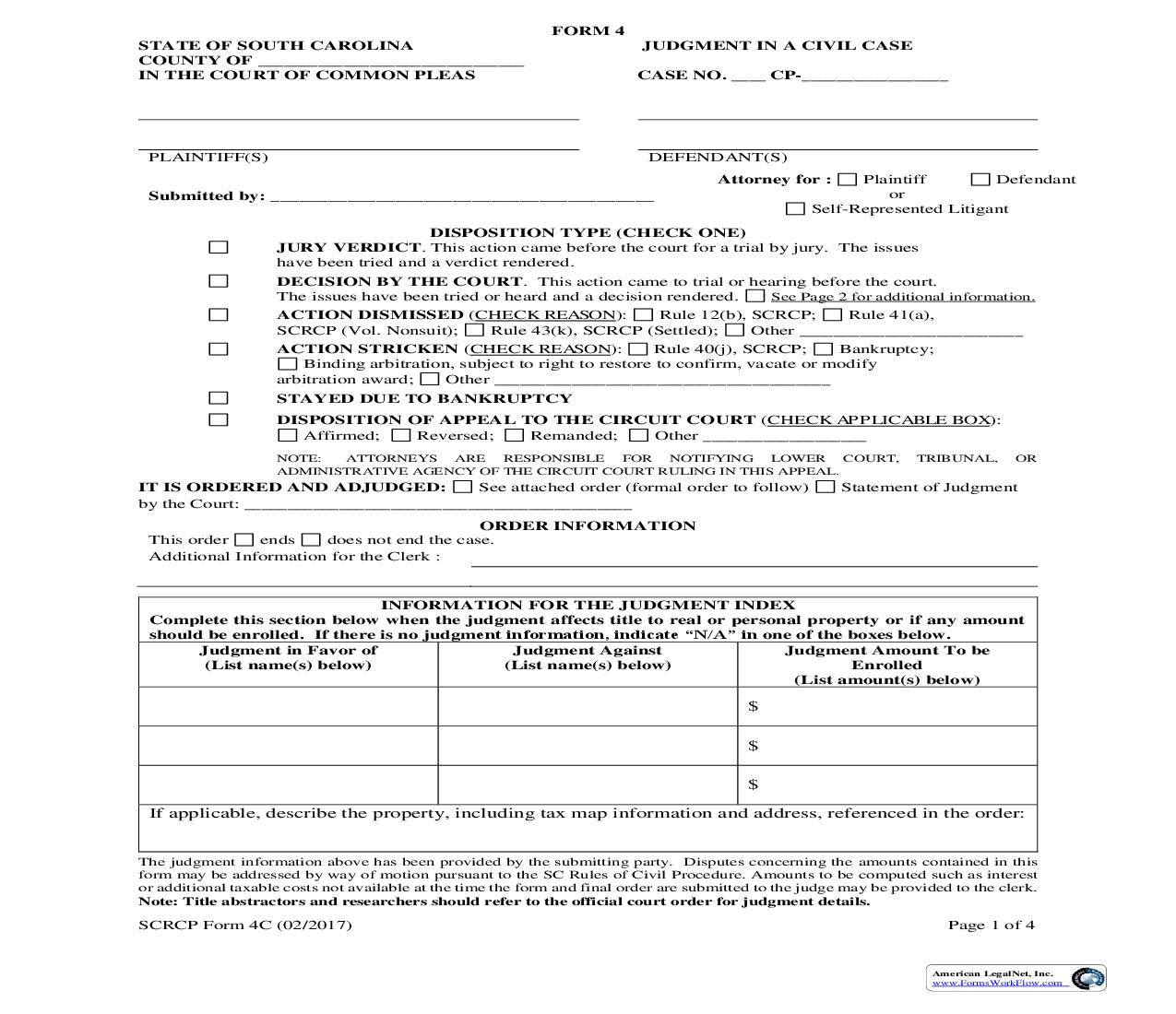 Judgment In A Civil Case {SCRCP 4C} | Pdf Fpdf Doc Docx | South Carolina