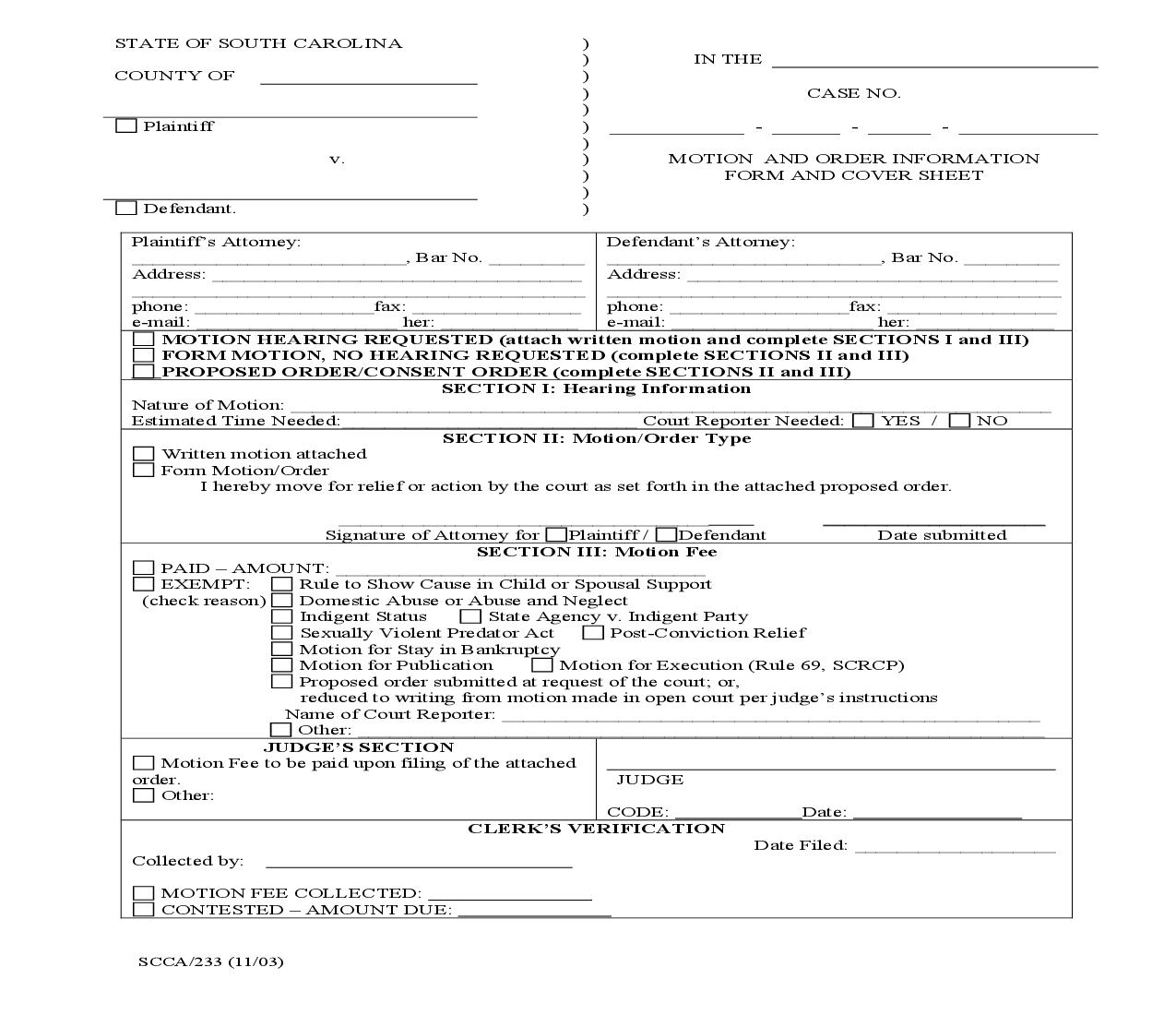 Motion And Order Information Form And Cover Sheet {SCCA-233} | Pdf Fpdf Doc Docx | South Carolina