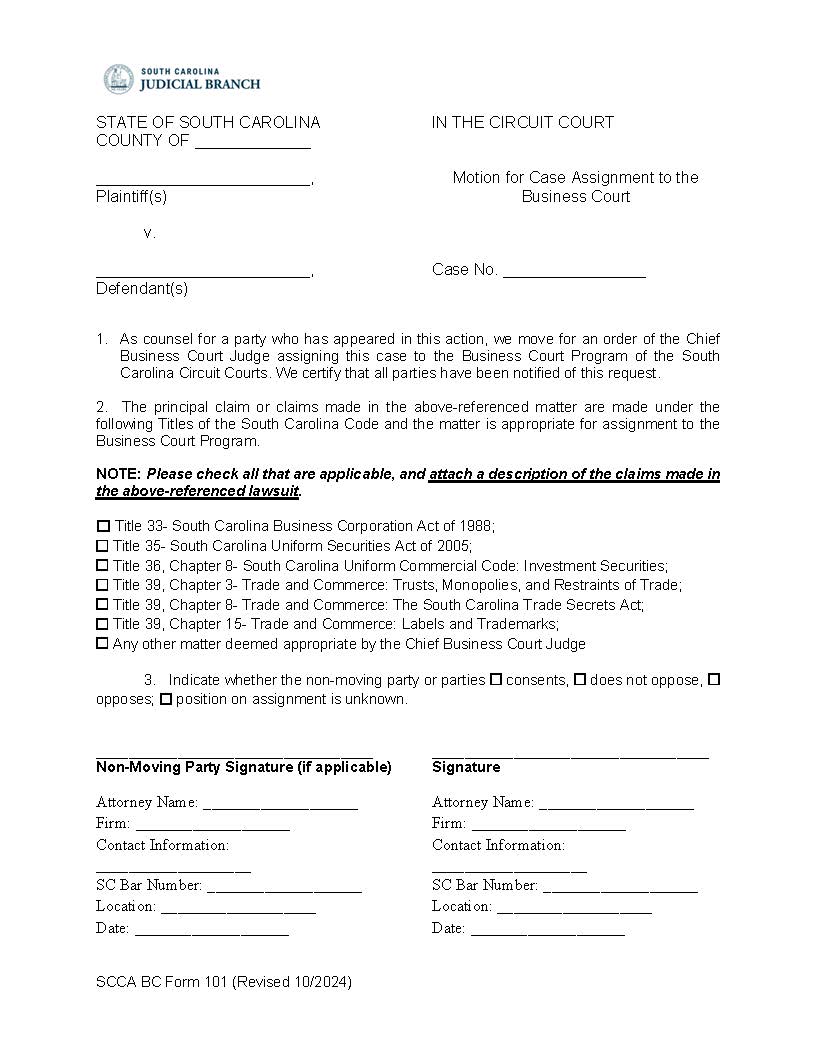 Motion For Case Assignment To The Business Court Program {SCCABC101} | Pdf Fpdf Doc Docx | South Carolina
