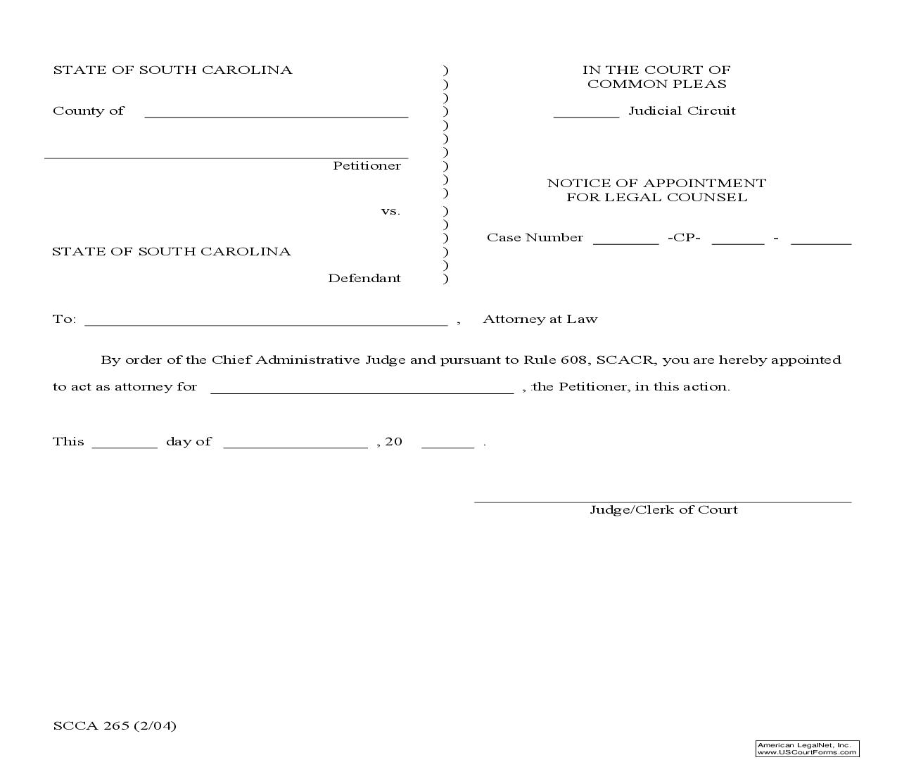 Notice Of Appointment (Common Pleas) {SCCA-265} | Pdf Fpdf Doc Docx | South Carolina
