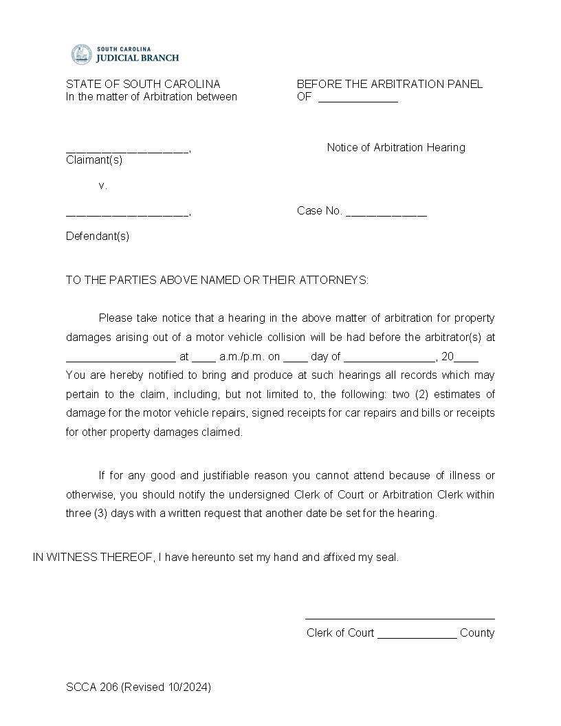 Notice Of Arbitration Hearing {SCCA-206} | Pdf Fpdf Doc Docx | South Carolina