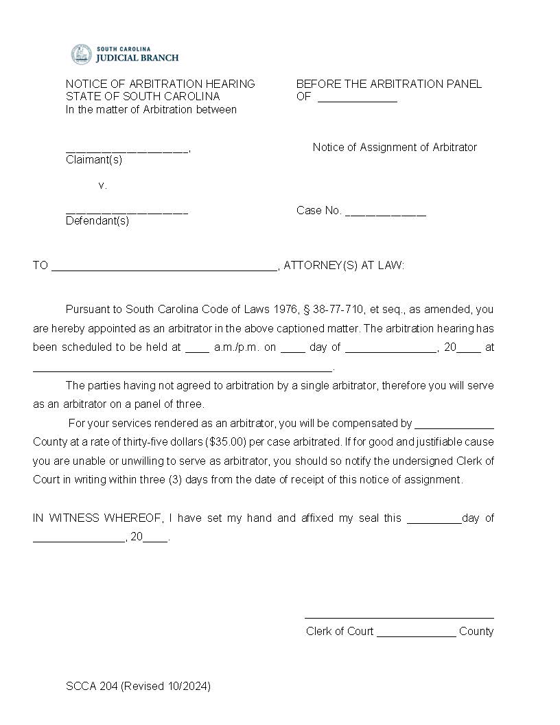 Notice Of Assignment Of Arbitrator {SCCA-204} | Pdf Fpdf Doc Docx | South Carolina