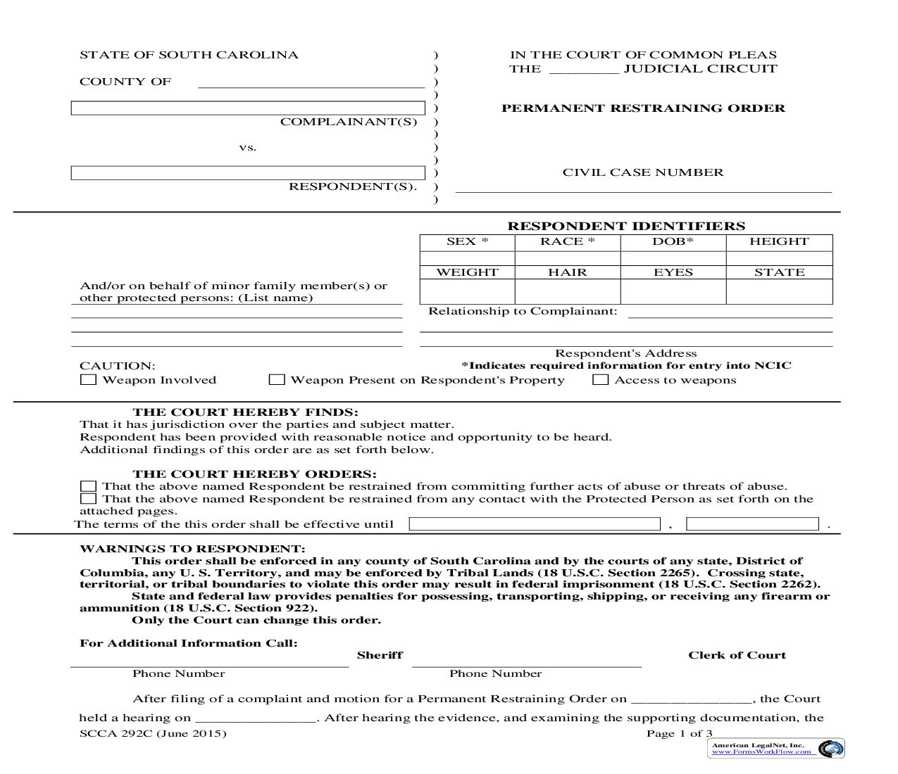 Permanent Restraining Order {SCCA-292C} | Pdf Fpdf Doc Docx | South Carolina