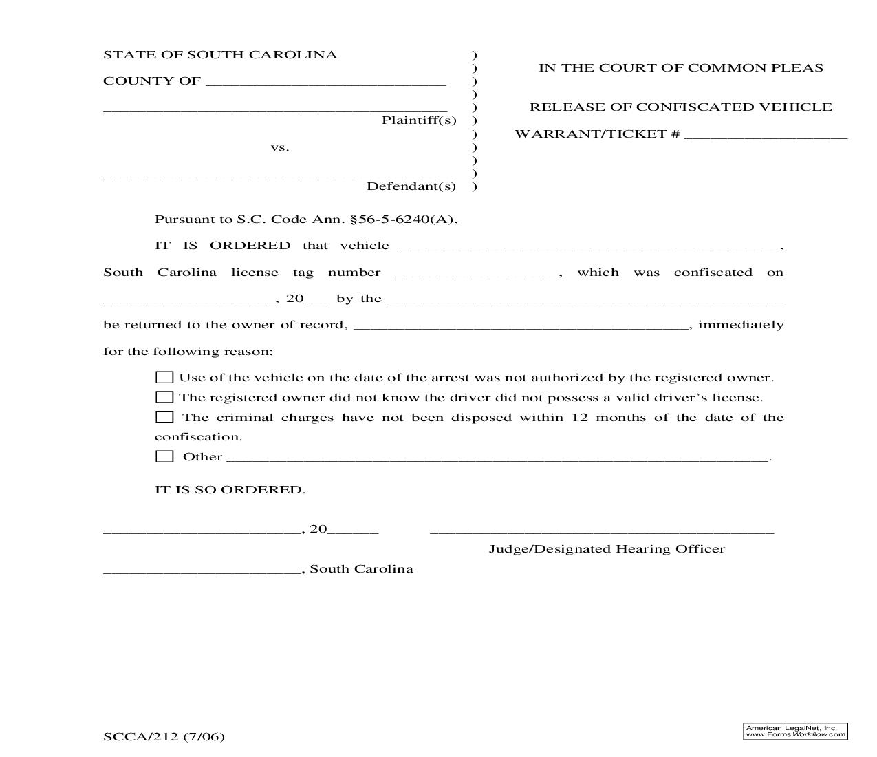 Release Of Confiscated Vehicle {SCCA-212} | Pdf Fpdf Doc Docx | South Carolina