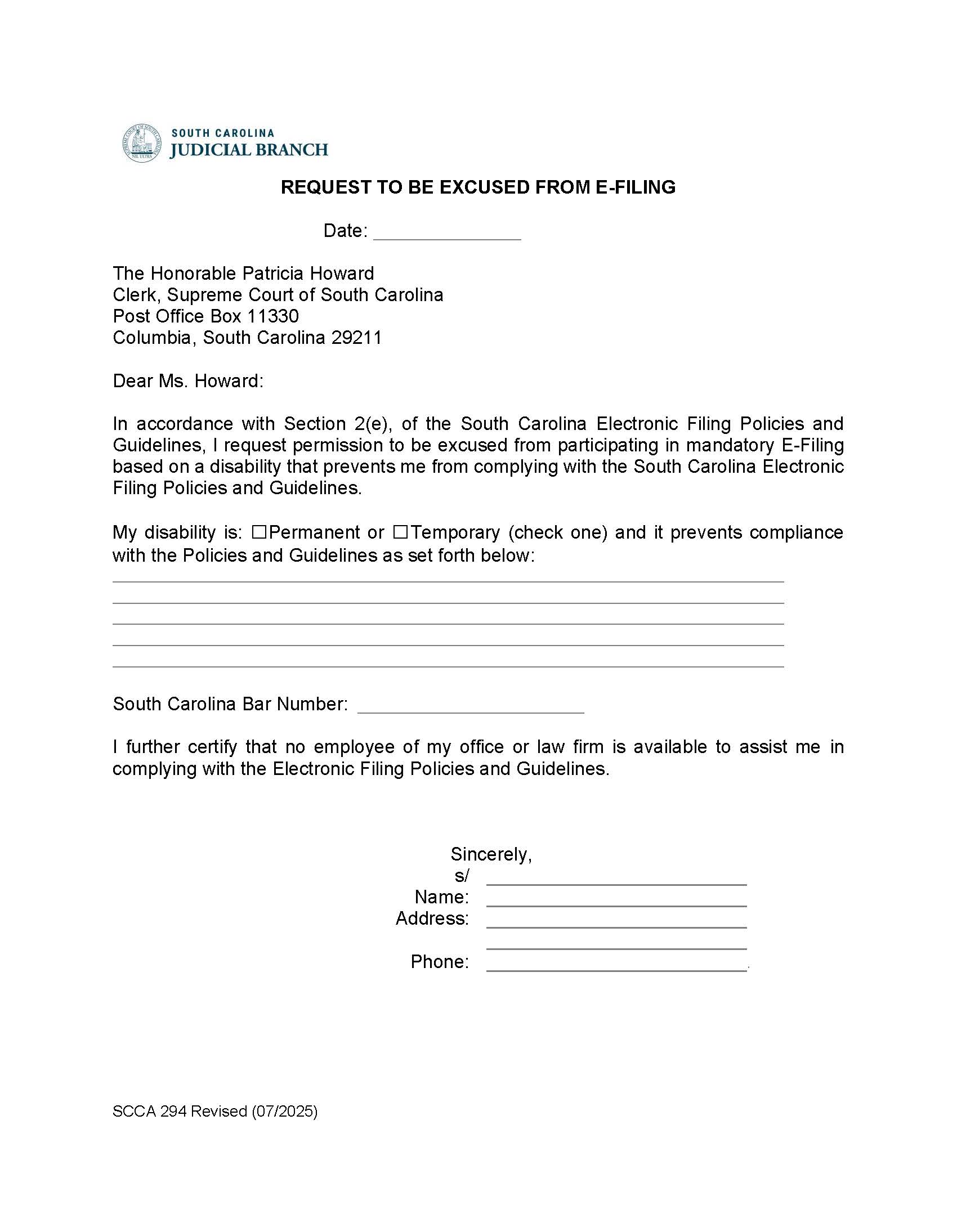 Request To Be Excused From E-Filing {SCCA-294} | Pdf Fpdf Doc Docx | South Carolina