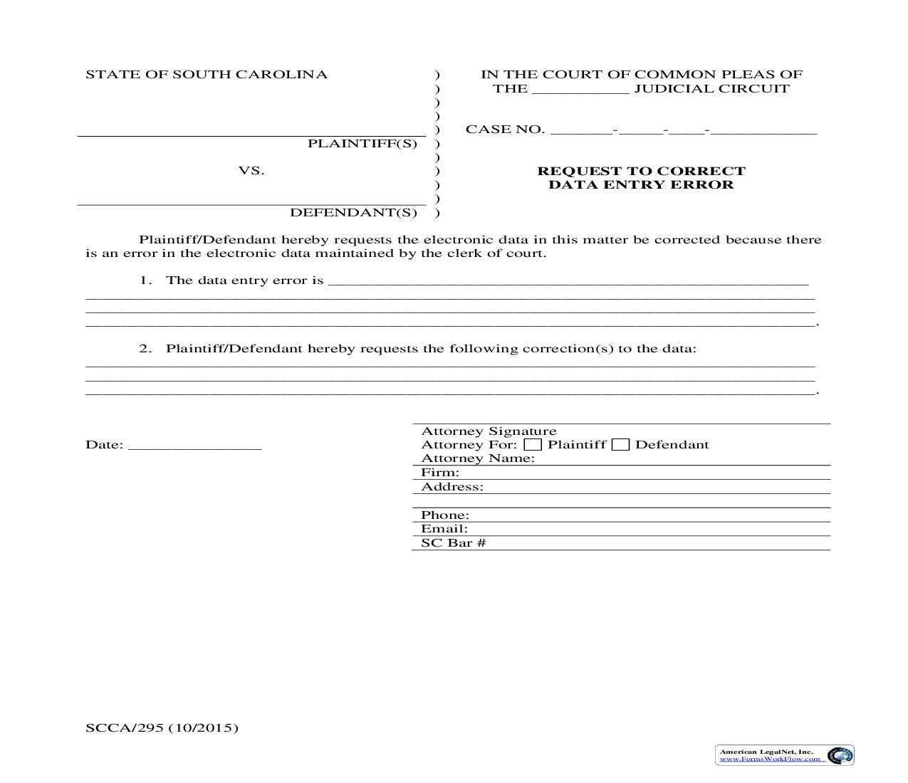 Request To Correct Data Entry Error {SCCA-295} | Pdf Fpdf Doc Docx | South Carolina