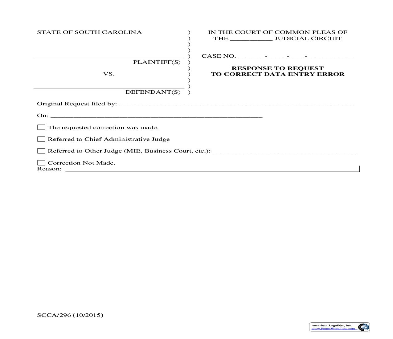 Response To Request To Correct Data Entry Error {SCCA-296} | Pdf Fpdf Doc Docx | South Carolina