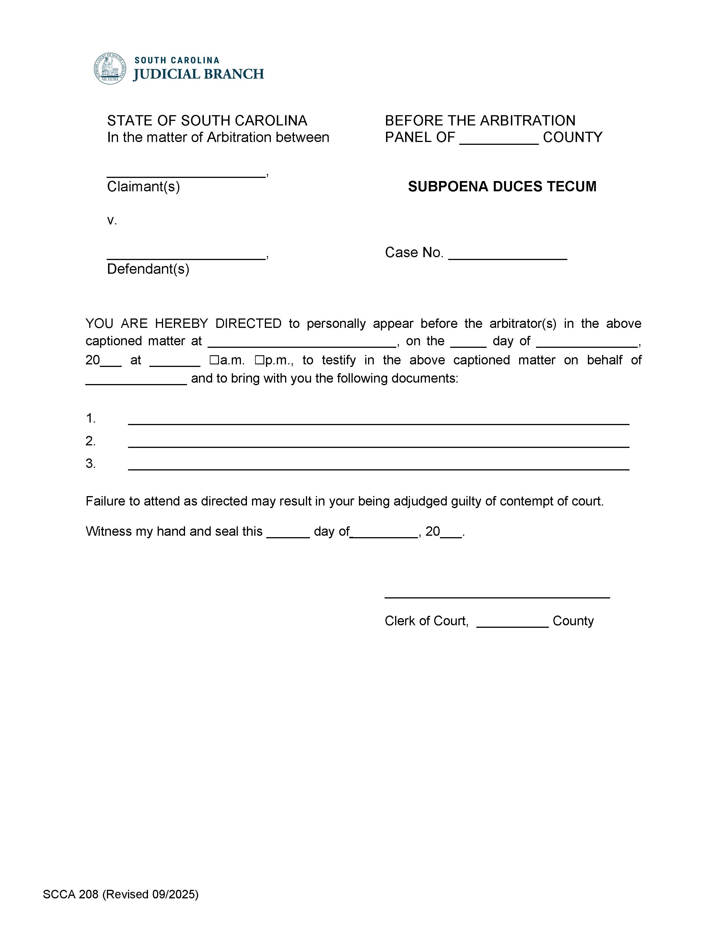 Subpoena Duces Tecum {SCCA-208} | Pdf Fpdf Doc Docx | South Carolina
