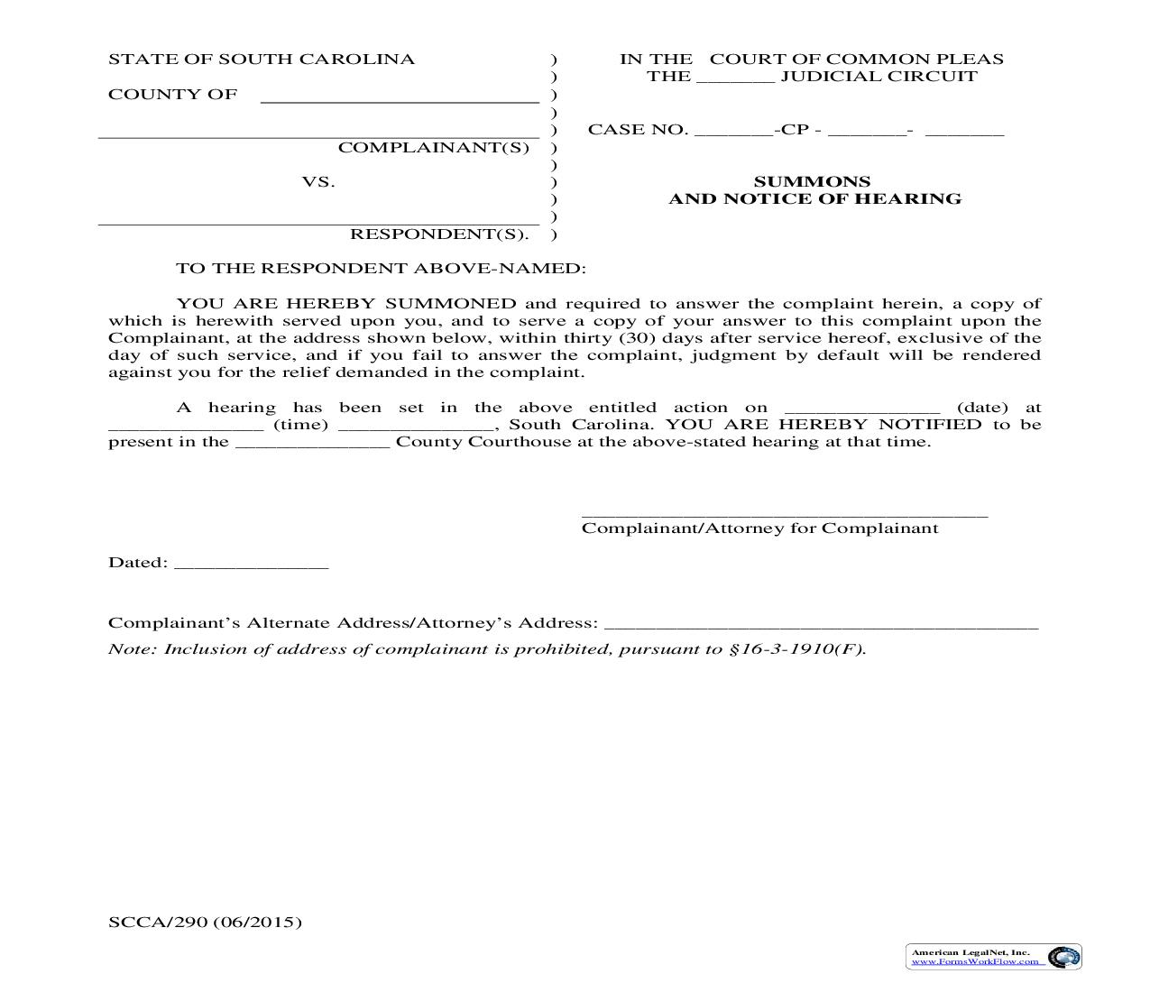 Summons And Notice Of Hearing {SCCA-290} | Pdf Fpdf Doc Docx | South Carolina