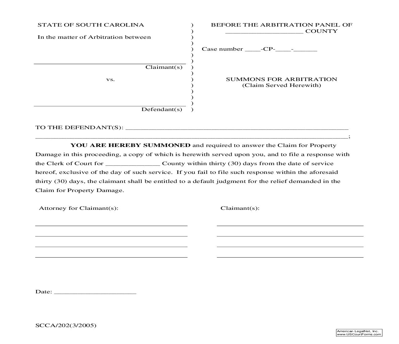 Summons For Arbitration {SCCA-202} | Pdf Fpdf Doc Docx | South Carolina