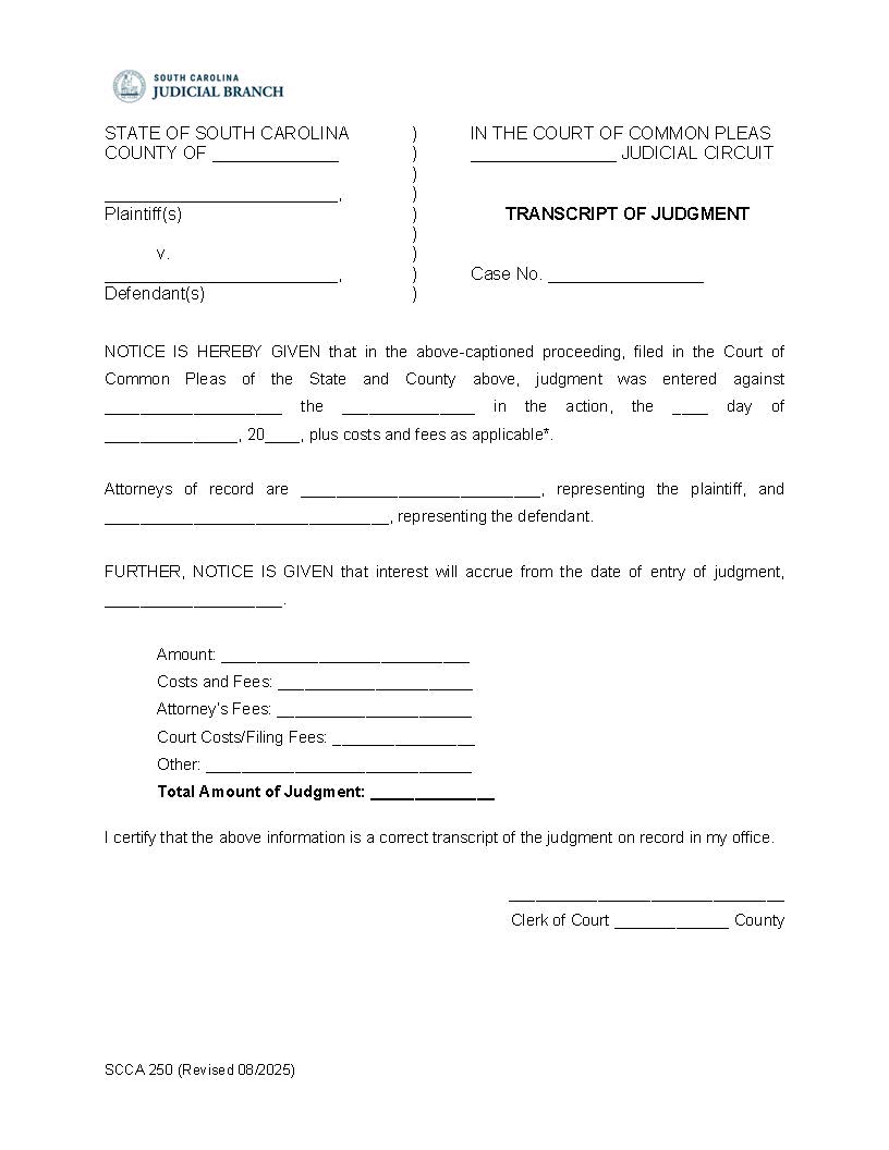 Transcript Of Judgment {SCCA-250} | Pdf Fpdf Doc Docx | South Carolina