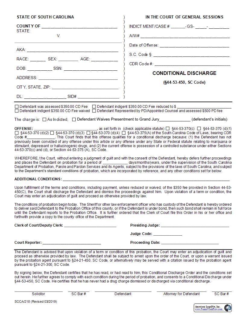 Conditional Discharge {SCCA-218} | Pdf Fpdf Docx | South Carolina