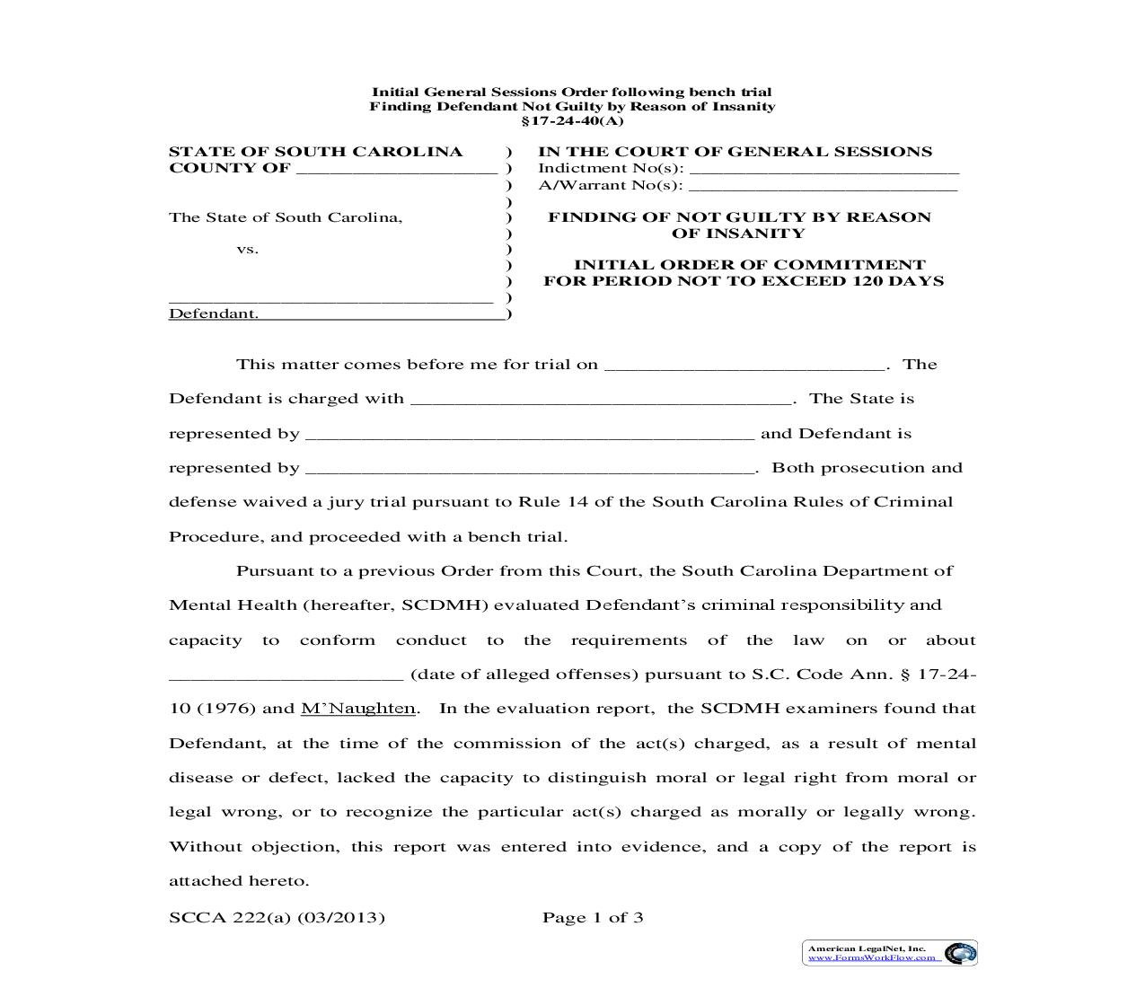 Finding Of Not Guilty By Reason Of Insanity Initial Order {SCCA-222a} | Pdf Fpdf Doc Docx | South Carolina