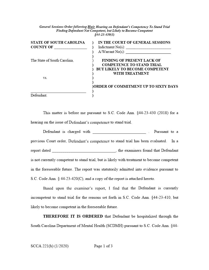 Finding Of Present Lack Of Competence To Stand Trial {SCCA 221b} | Pdf Fpdf Doc Docx | South Carolina